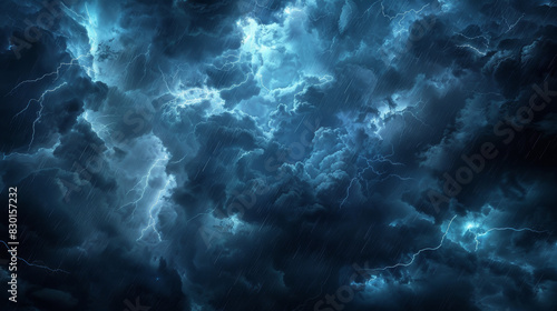 A photographic style of a stormy sky environment  dark and ominous clouds swirling with flashes of lightning illuminating the sky. Heavy rain falling in the distance. The landscape below is barely