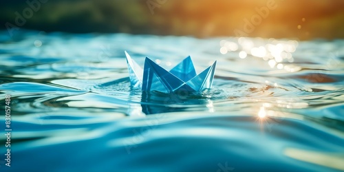 Exploring the potential for sustainable engineering through a close-up of a tiny origami boat in water. Concept Sustainable Engineering, Origami Boat, Close-up Photography, Environmental Innovation photo