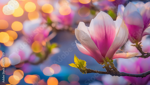 Fotografia ravvicinata di fiori di magnolia in piena fioritura, con colori magici e fantasiosi. photo