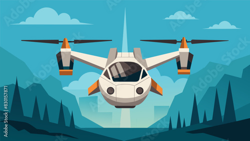 With precision and control the eVTOL hovered in midair showcasing its impressive vertical takeoff ability to the wideeyed audience.. Vector illustration photo