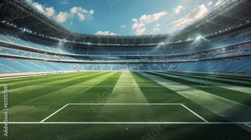 Panoramic view of a soccer stadium from the top of the stands