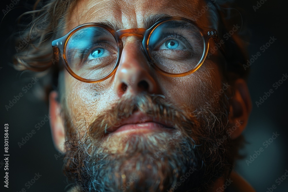 Close-up view of a man's curly hair and part of his glasses, with a blurred dark background Close-up view of a man's curly hair and part of his glasses, with a blurred dark background