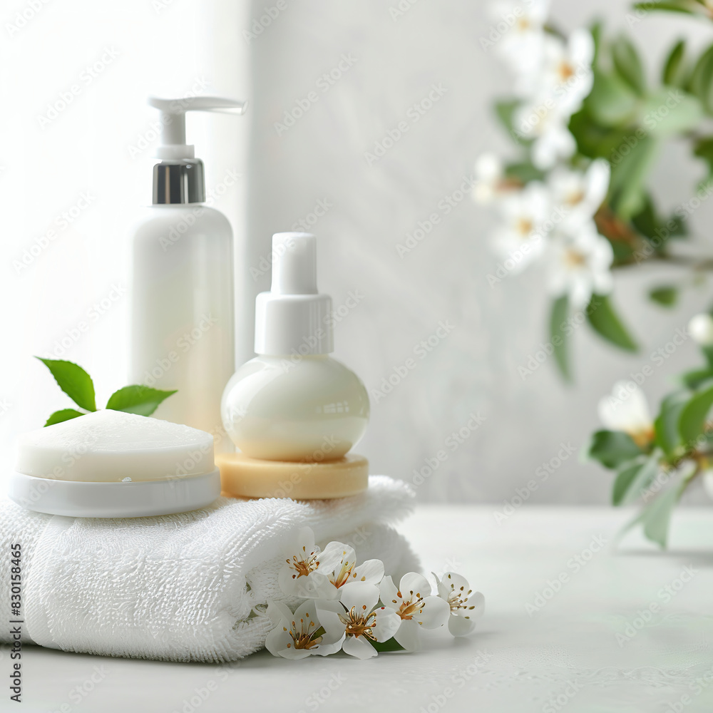 Spa still life with cosmetic products, towels and soap on white wooden table Spa still life with cosmetic products, towels and soap on white wooden table