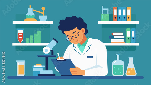 A student scribbles down observations in a lab notebook surrounded by shelves lined with textbooks microscopes and lab equipment.. Vector illustration