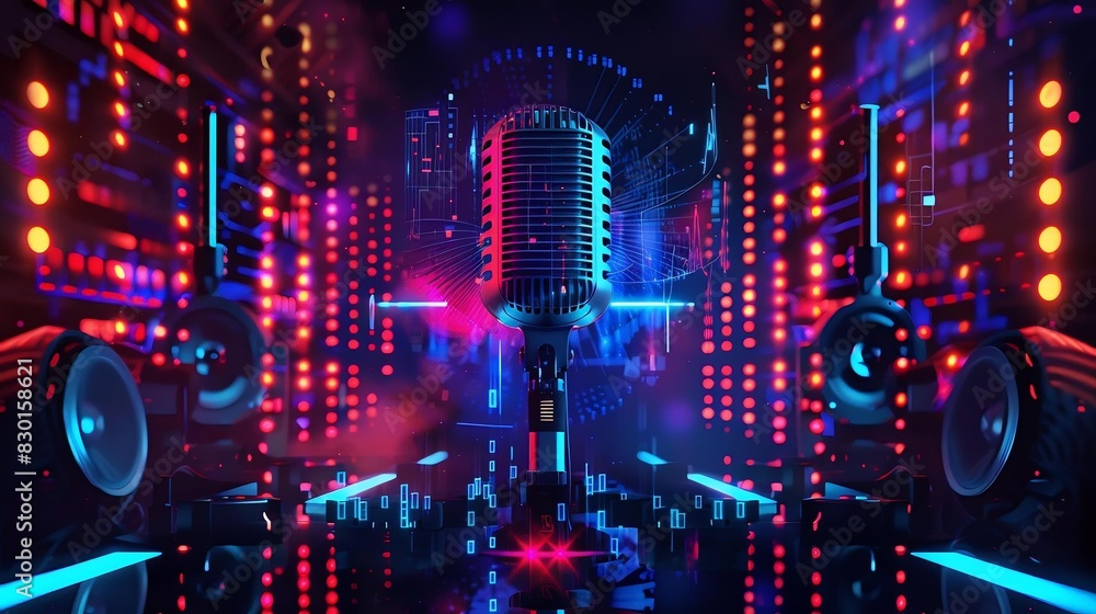 Obraz premium a high-tech broadcasting microphone with dynamic waveforms, and neon blue and purple lights. Podcasting Voice over and recording, Audio production concept. Communication technology. 