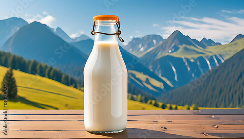 Fotografia di una bottiglia di latte fresco su un tavolo di legno, con colline alpine sullo sfondo. Concetto di fattoria eco-sostenibile. photo