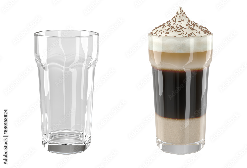 Faceted drinking glasses set. Transparent empty glass and glass with latte coffee. 3d illustration isolated on white Faceted drinking glasses set. Transparent empty glass and glass with latte coffee. 3d illustration isolated on white