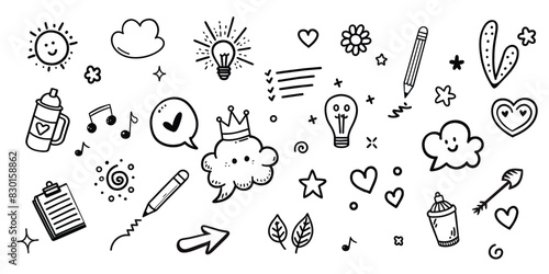 Cute Doodle pen line elements. Hand drawn doodle sketch style circle, cloud speech bubble grunge element set. Arrow, star, heart brush decoration. Vector illustration.