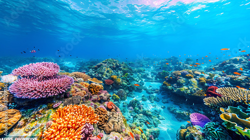 breathtaking image of Great Barrier Reef vibrant coral reef crystalclear water teeming marine life stretching far eye can see off coast of Queensland Australia world's largest coral reef system UNESCO photo