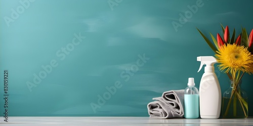 Symbolism of organized maintenance and cleanliness depicted by cleaning tools on teal background. Concept Maintenance Symbolism, Organized Cleaning, Teal Background, Symbolic Tools photo