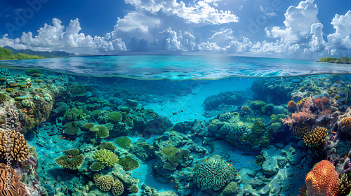 breathtaking image of Great Barrier Reef vibrant coral reef crystalclear water teeming marine life stretching far eye can see off coast of Queensland Australia world's largest coral reef system UNESCO