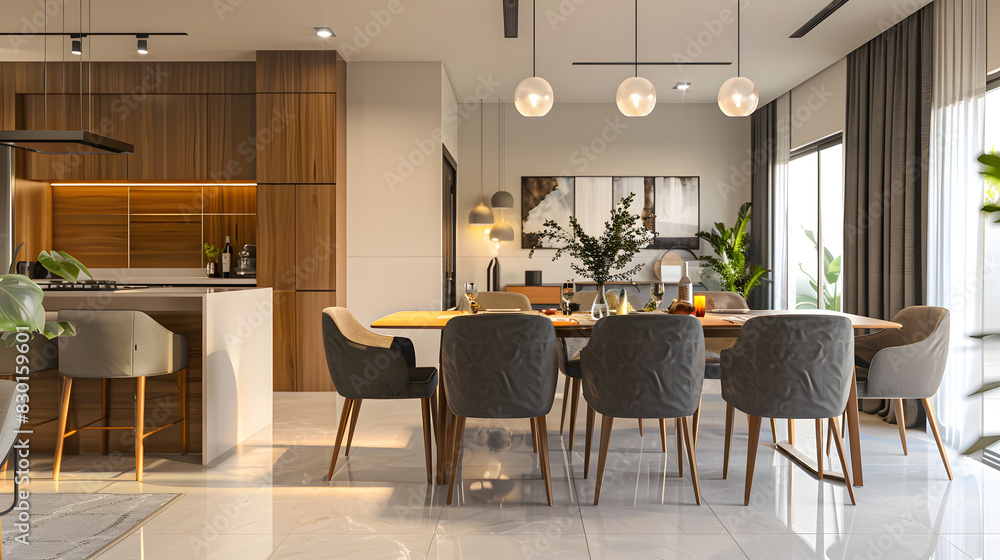 A large, modern living room with a long dining table and chairs A large, modern living room with a long dining table and chairs