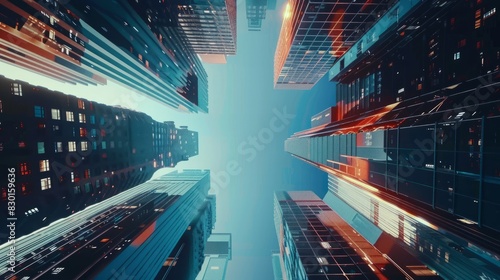 Reflective skyscraper business office buildings. Bottom up view of big modern city urban landscape. Generative AI.