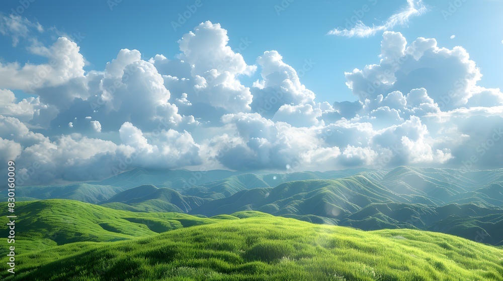 Fototapeta premium Green rolling hills under a blue sky with white clouds