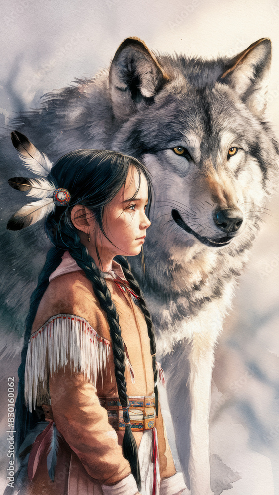 Naklejka premium A girl with black hair braided and decorated with feathers, dressed in traditional Indian clothes. Next to her stands a massive, majestic wolf.