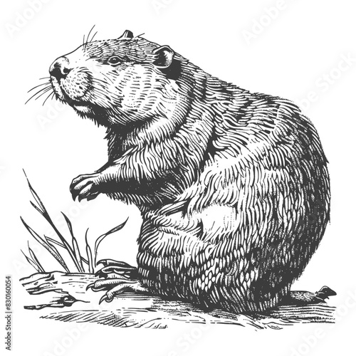 beaver animal full with old engraving sketch style