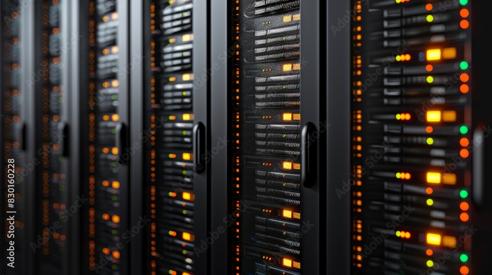 Row of network servers with glowing LED lights. Row of network servers with glowing LED lights.