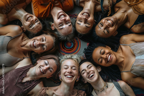A group of women are smiling and laying down in a circle. Scene is happy and friendly