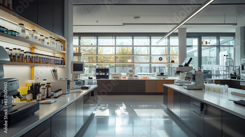 A large, clean, and sterile laboratory with many white counters and cabinets