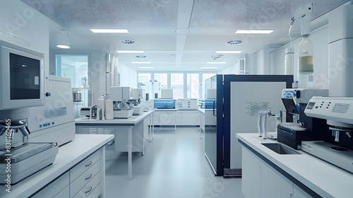 A large, clean, and sterile laboratory with many white counters and cabinets