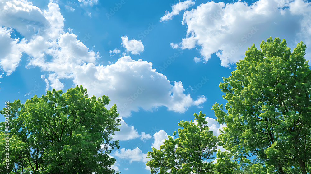 Lush green trees set against a vibrant blue sky with white clouds drifting on a clear day. Lush green trees set against a vibrant blue sky with white clouds drifting on a clear day.