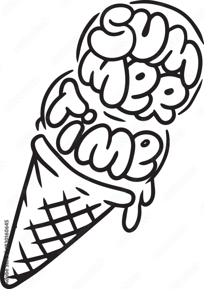 sketch of ice cream cone with summer time lettering, hand drawn isolated vector illustration in cartoon style, black outline design sketch of ice cream cone with summer time lettering, hand drawn isolated vector illustration in cartoon style, black outline design