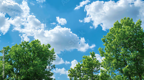 Lush green trees set against a vibrant blue sky with white clouds drifting on a clear day.