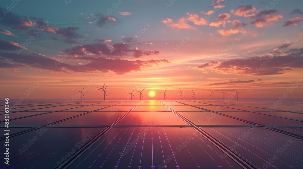 Solar farm with panels and wind turbines against a beautiful sunset sky background. The concept of energy crisis and eco-friendly renewable electricity energy. Banner with copy space Solar farm with panels and wind turbines against a beautiful sunset sky background. The concept of energy crisis and eco-friendly renewable electricity energy. Banner with copy space