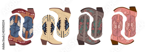 Set of different cowgirl boots. Traditional western cowboy boots decorated with embroidered wild west ornament. Realistic vector art illustrations on transparent background.