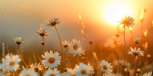 Daisies in full bloom under the sunset in a sunny field. Concept Nature, Flowers, Sunset, Photography, Scenic Beauty