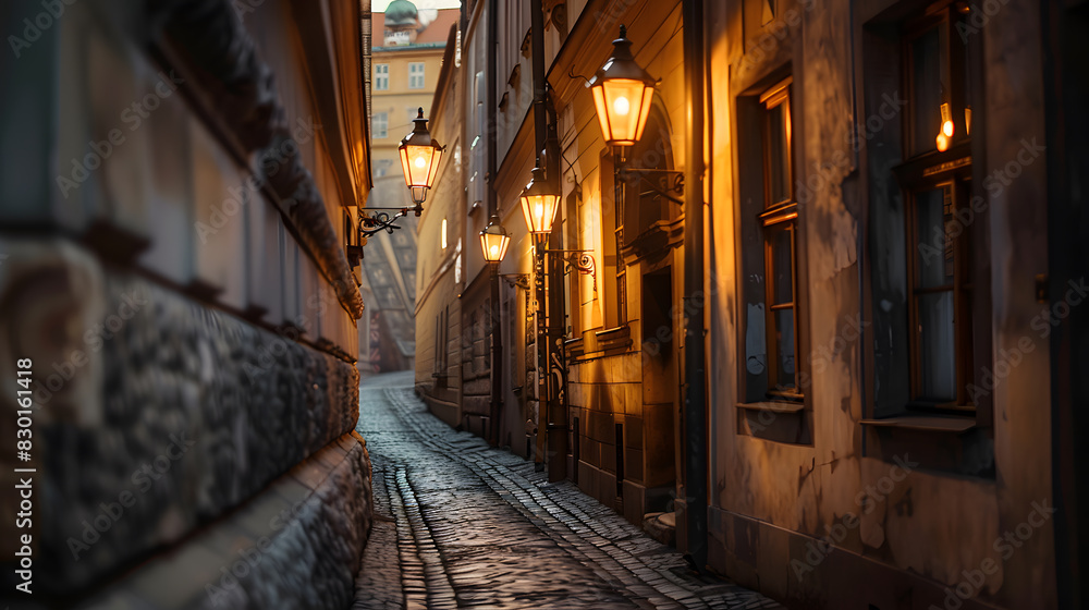 A narrow alleyway with a street lamp hanging from the wall