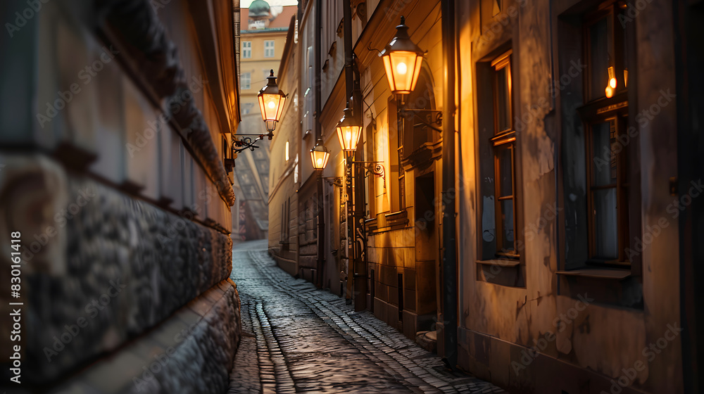 A narrow alleyway with a street lamp hanging from the wall A narrow alleyway with a street lamp hanging from the wall