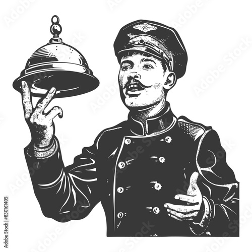 bellboy hotel in action full with engraving sketch style