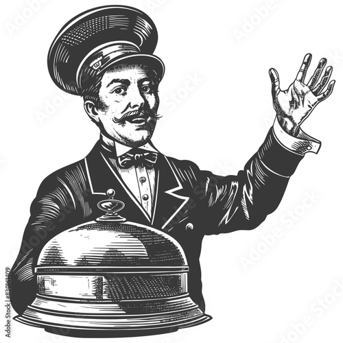bellboy hotel in action full with engraving sketch style