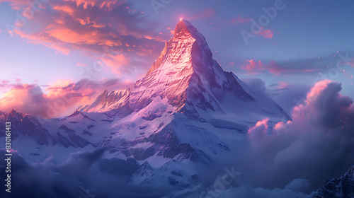 majestic image of Matterhorn mountain towering above Swiss Alps snowcapped peak illuminated soft glow of sunrise iconic mountain distinctive pyramid shape rugged beauty captivated mountaineer adventur