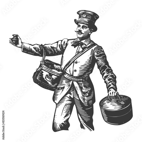bellboy hotel in action full with old engraving sketch style