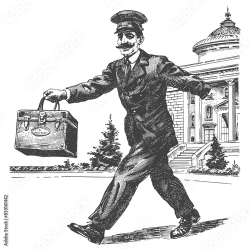 bellboy hotel in action full with engraving sketch style