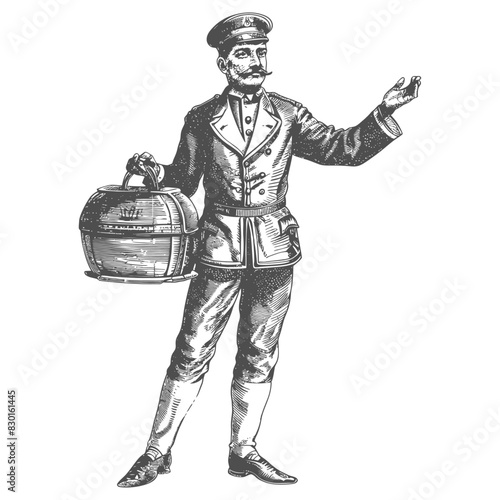 bellboy hotel in action full with old engraving sketch style