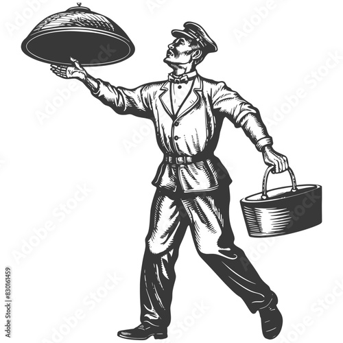 bellboy hotel in action full with old engraving sketch style