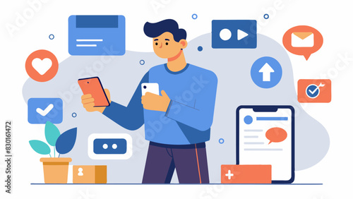 A man scrolls through social media bombarded by ads for clothing and products designed to enhance his appearance causing him to feel inadequate and insecure.. Vector illustration