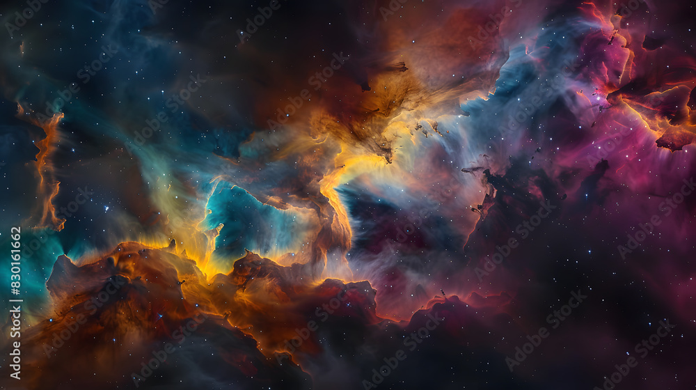 A colorful space scene with a purple cloud in the middle A colorful space scene with a purple cloud in the middle