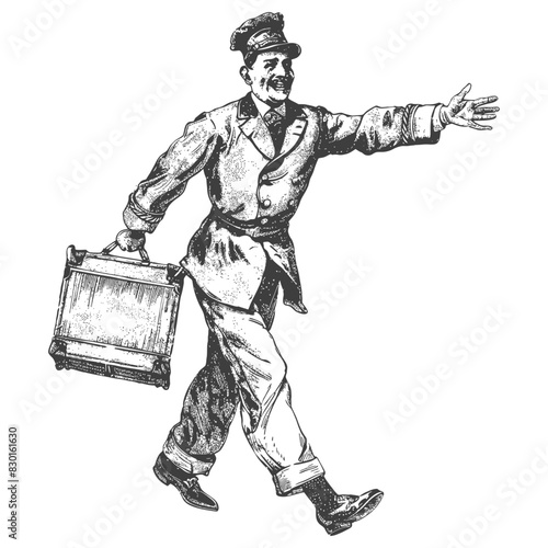 bellboy hotel in action full with old engraving sketch style