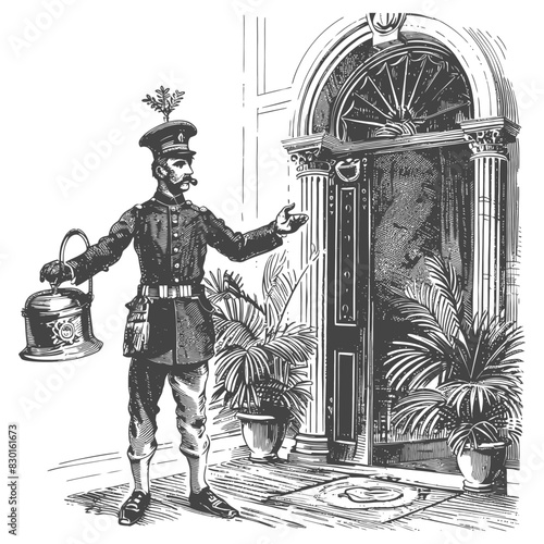 bellboy hotel in action full with old engraving sketch style