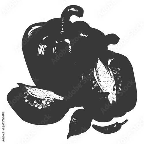 Bell Pepper or Paprika sliced full with engraving sketch style