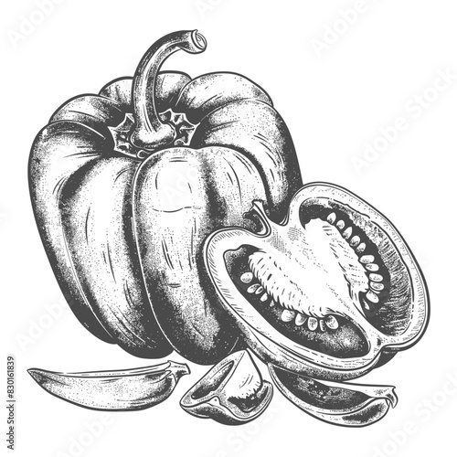 Bell Pepper or Paprika sliced full with old engraving sketch style