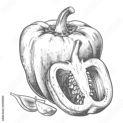 Bell Pepper or Paprika sliced full with old engraving sketch style