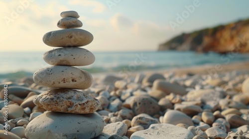 Stone tower Natural pebble stone on the beach Balancing body mind soul and spirit Mental health practice. with copy space image. Place for adding text or design