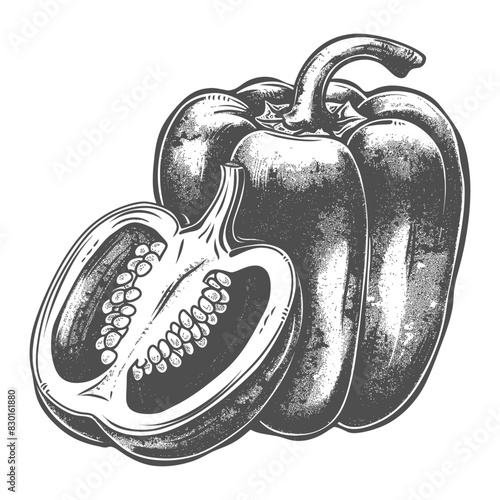 Bell Pepper or Paprika sliced full with old engraving sketch style
