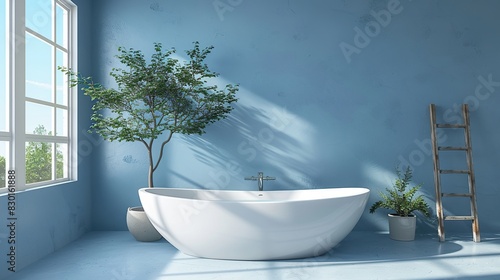 Bathroom interior with a white round bathtub and light blue walls. Windows and ornamental plants enhance the room.