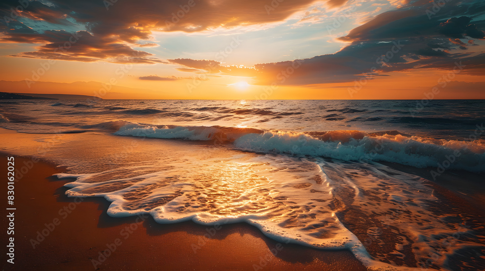 The ocean is calm and the sun is setting, creating a beautiful The ocean is calm and the sun is setting, creating a beautiful